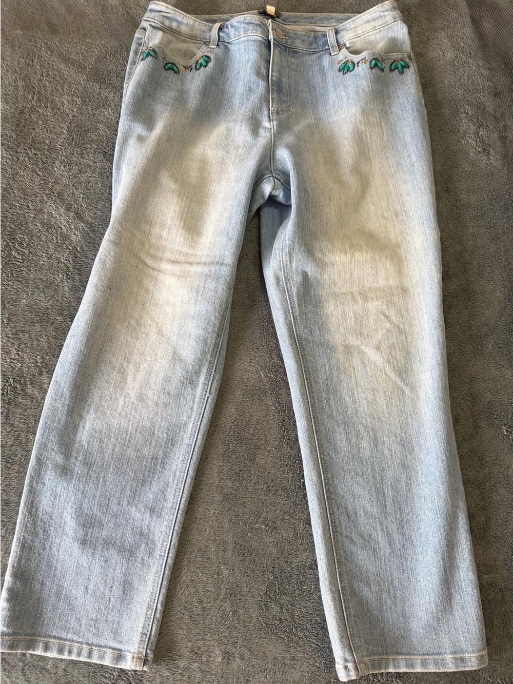 Chico's Light Blue Straight-Leg Jeans with Green Embroidery